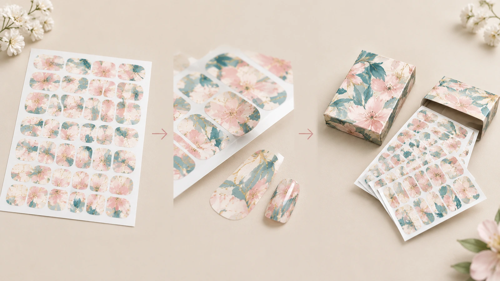 Urutan lembar nail wrap bunga dan kemasan Ilustrasi urutan lembar wrap bunga, wrap pilihan, dan lembar dalam kotak