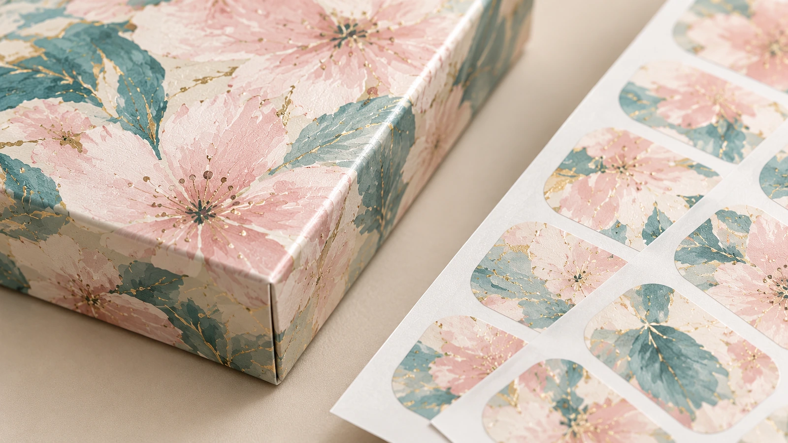 Detail cetak wrap dan kemasan bunga Close-up lembar nail wrap bunga di samping sudut kotak cetak yang cocok