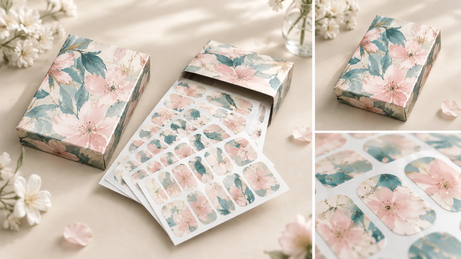 Kolase produk nail wrap bunga dan kemasan Kolase lembar nail wrap bunga, kotak cetak tertutup, dan detail close-up wrap