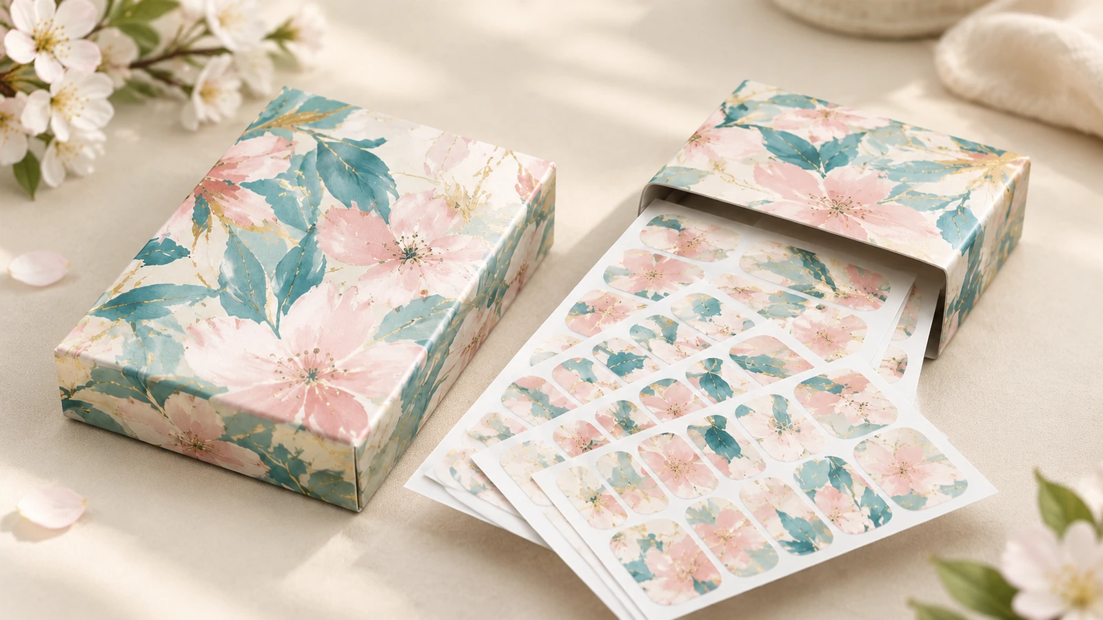 Lembar nail wrap cetak dan kotak Lembar nail wrap bunga ditampilkan di luar kotak cetak yang cocok