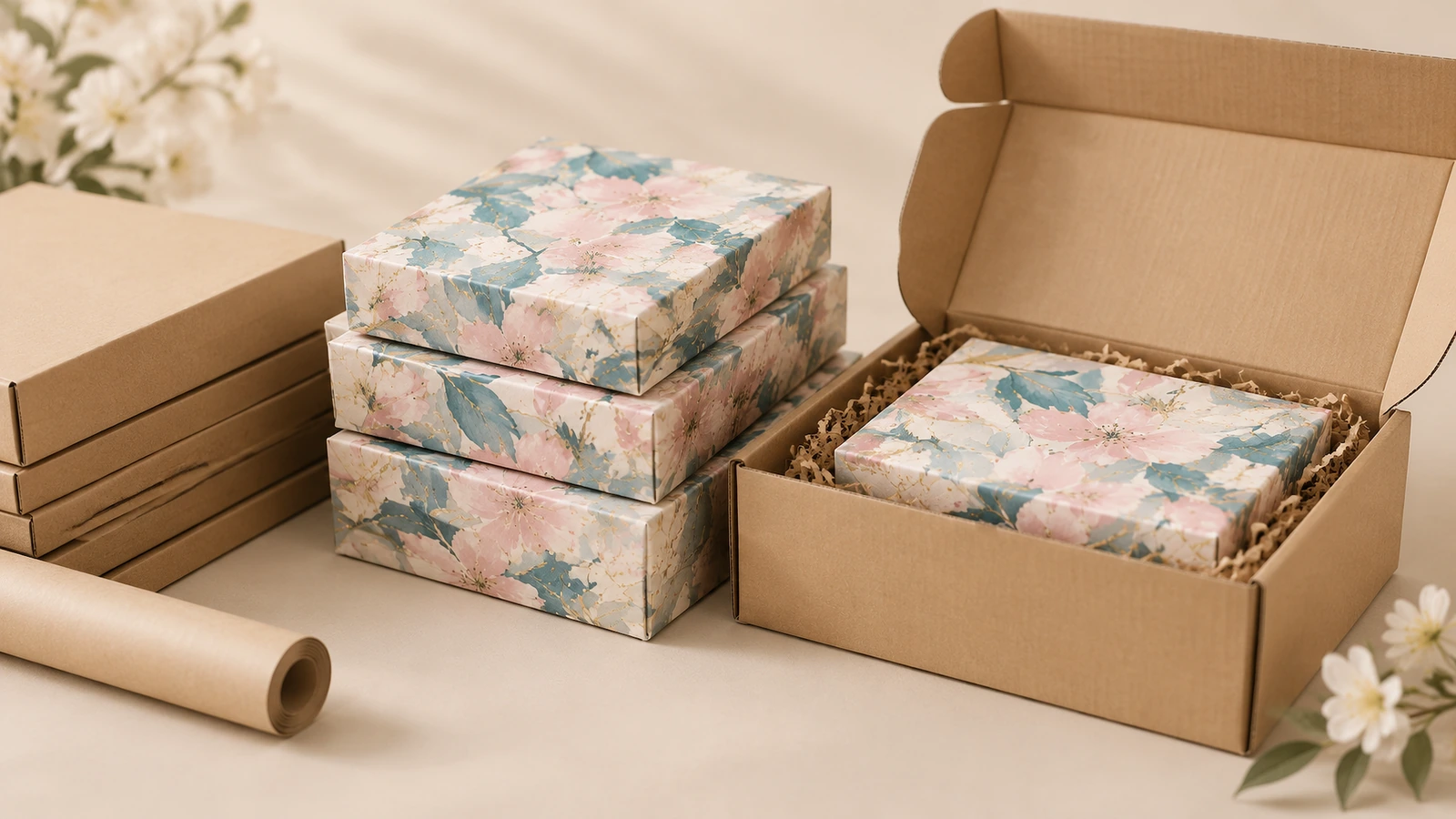 Kotak nail wrap dan amplop pelindung Kotak produk bunga ditumpuk di samping amplop kraft terbuka dengan bantalan kertas