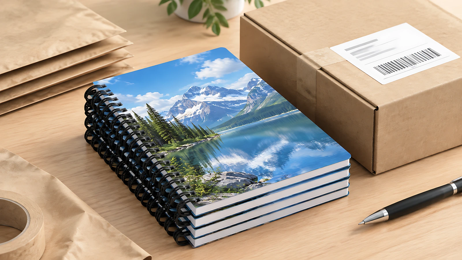 Ilustrasi tumpukan buku catatan desain danau di samping karton berlabel dan amplop pengiriman kraft