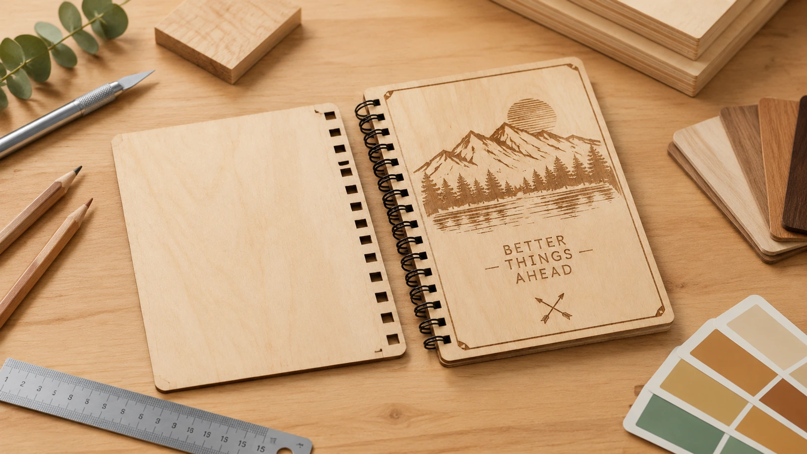 Buku catatan kayu lapis dengan pemandangan gunung terukir di samping sampul kosong, penggaris, dan contoh warna