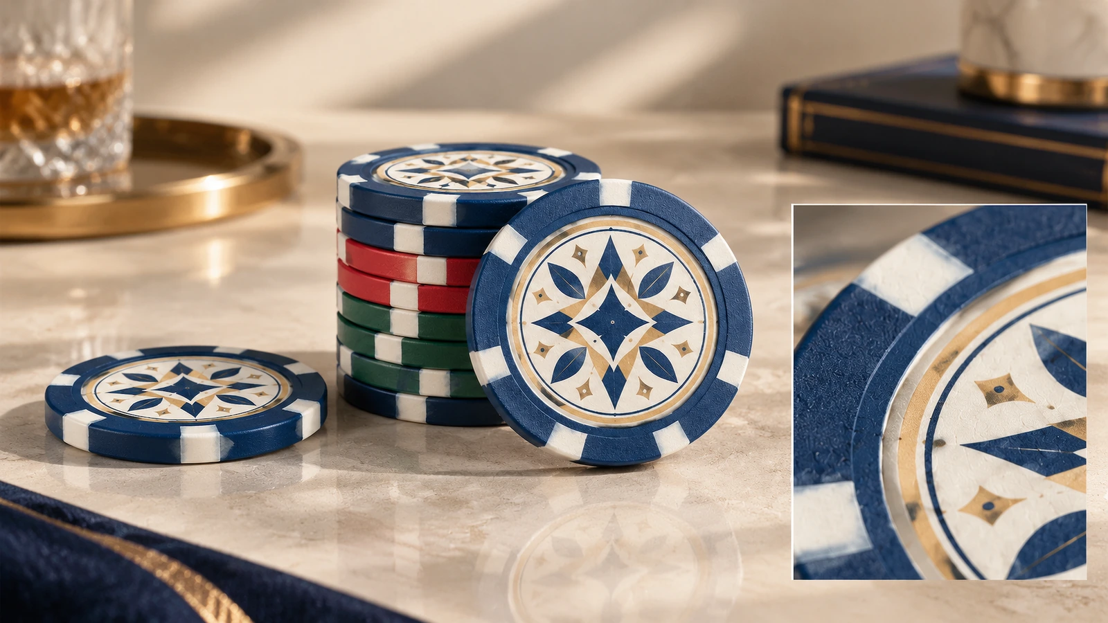 Tumpukan chip poker dan detail artwork Kolase chip poker berdesain geometris dan close-up permukaan yang dihias
