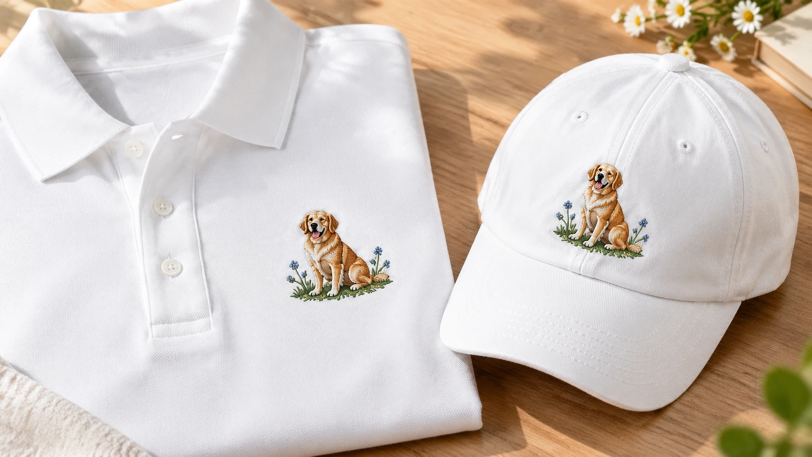 Polo putih terlipat dan topi putih senada dengan bordir anjing di atas meja kayu