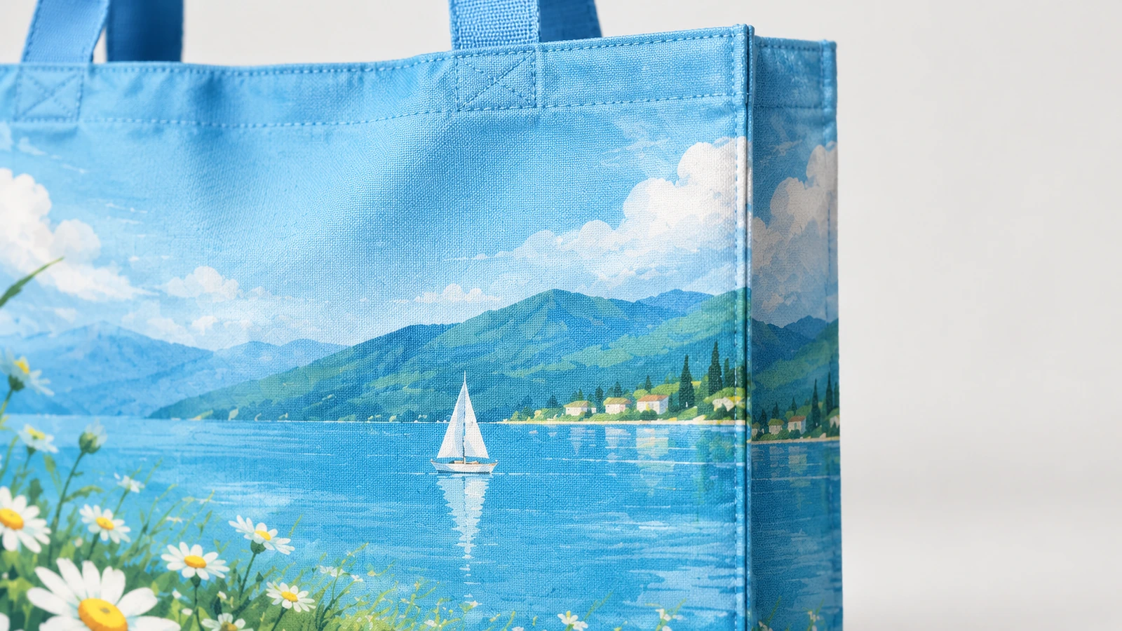 Detail kain tas tote lake-and-daisy, jahitan atas, dan pegangan biru