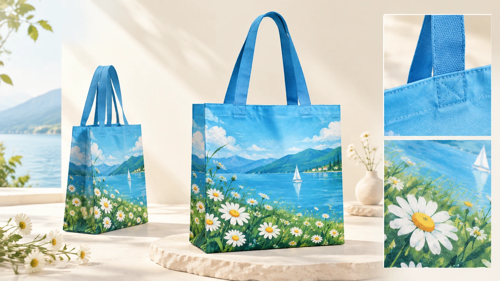 Dua tas tote biru bercetak dengan detail sambungan pegangan dan kain bermotif bunga