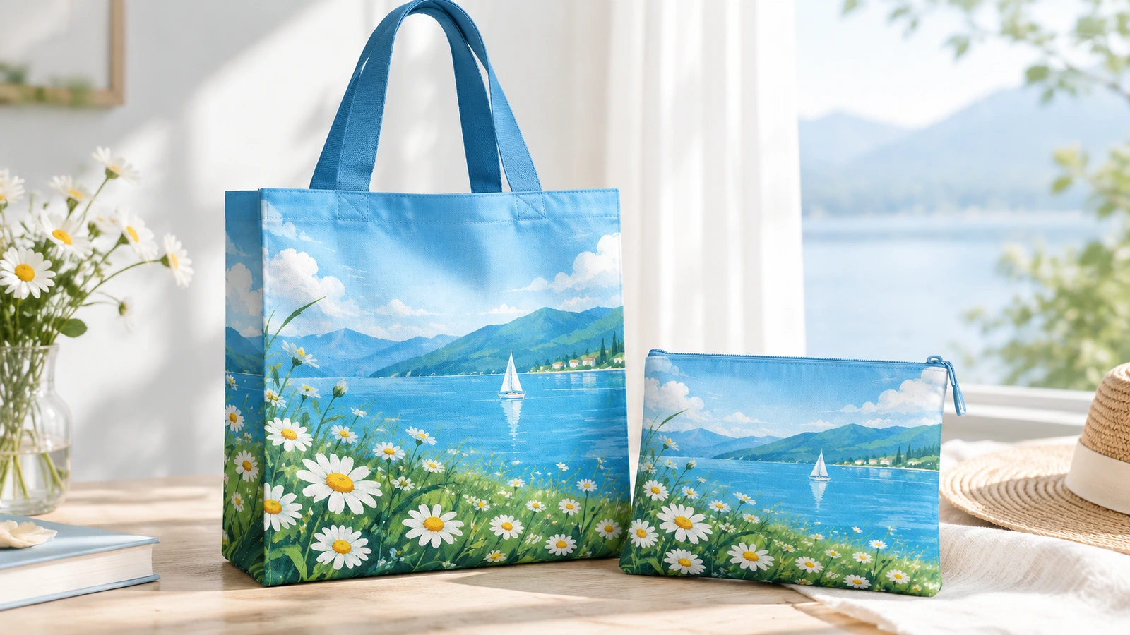 Tas tote biru bercetak lake-and-daisy dengan pouch berresleting yang senada di atas meja