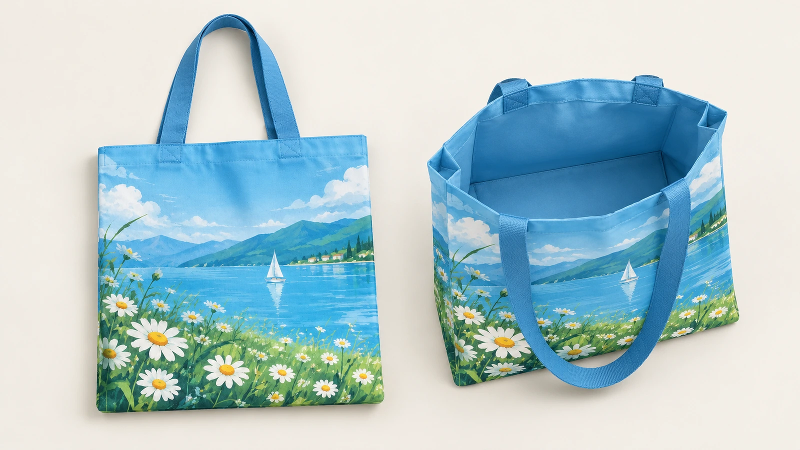 Tampilan depan dan tampak atas terbuka dari tas tote biru bercetak lake-and-daisy