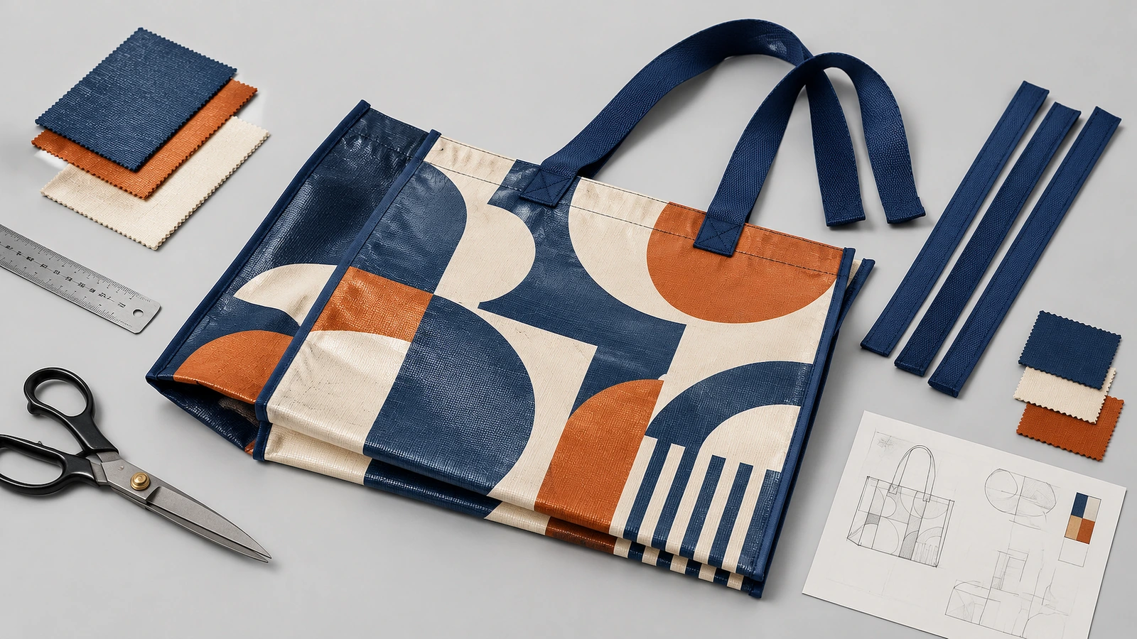 Tas tote bermotif berwarna biru tua, oranye, dan krem dengan potongan kain, pegangan, gunting, dan gambar pola tas