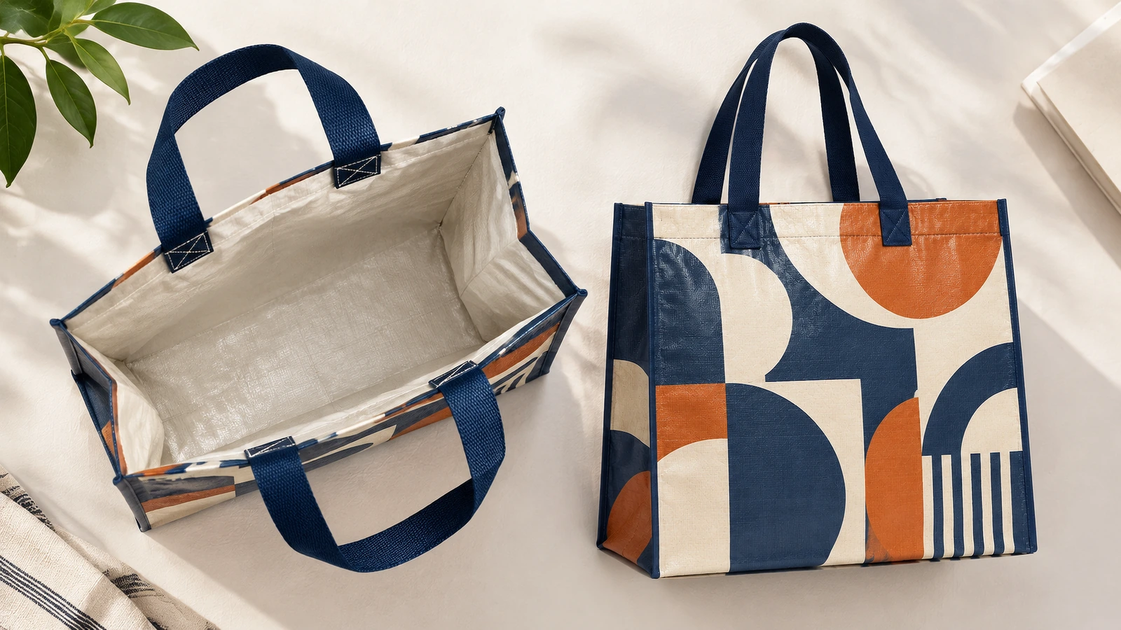 Tampilan terbuka dan tegak dari tas tote bermotif dengan pegangan biru tua
