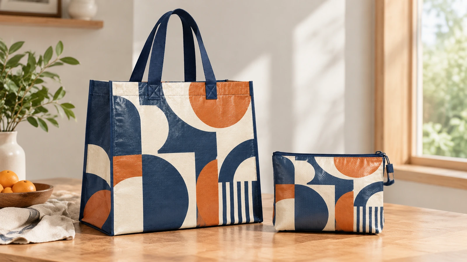 Tas tote bermotif geometris dan kantong berresleting yang serasi di atas meja kayu