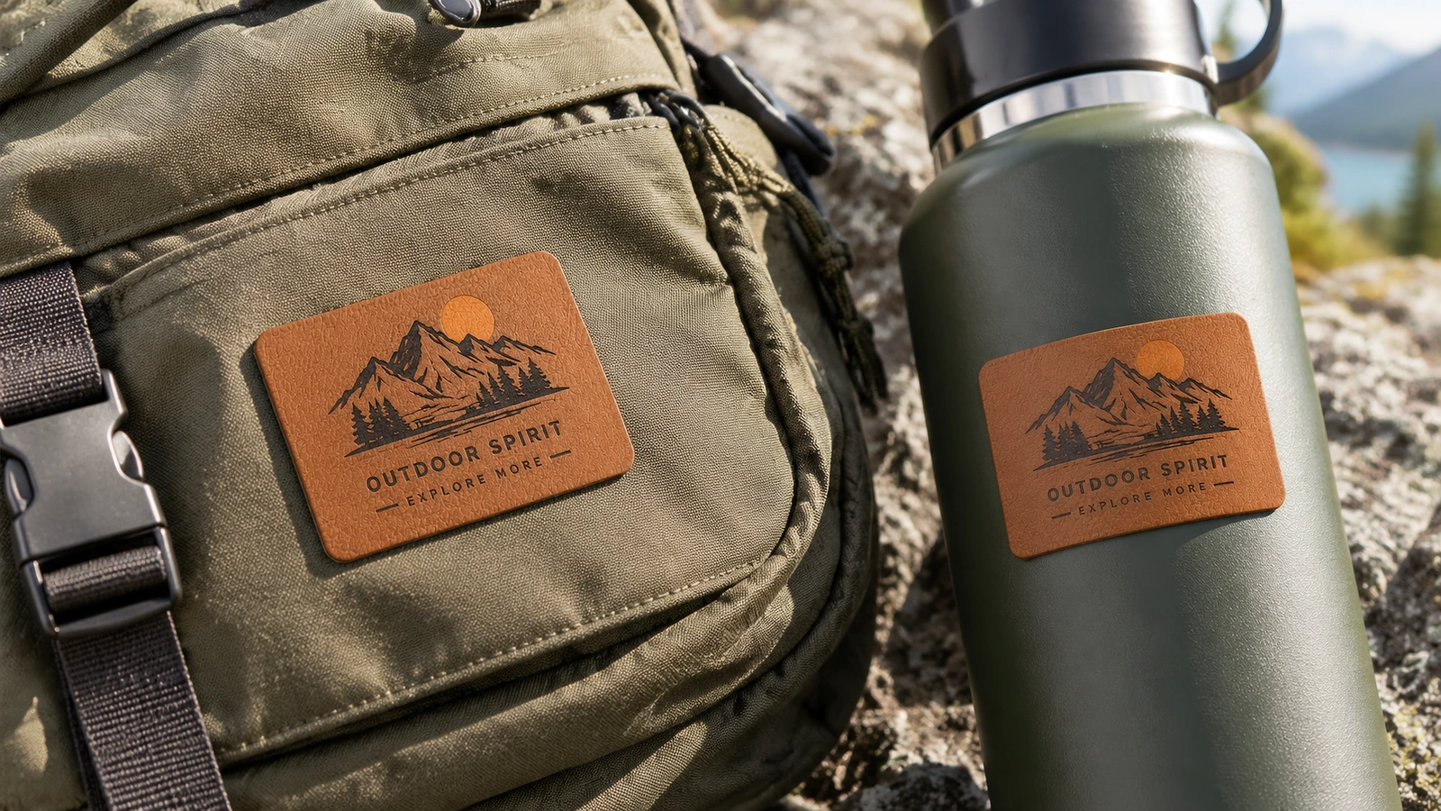 Label logo gunung kulit PU cokelat pada ransel hijau dan botol hijau