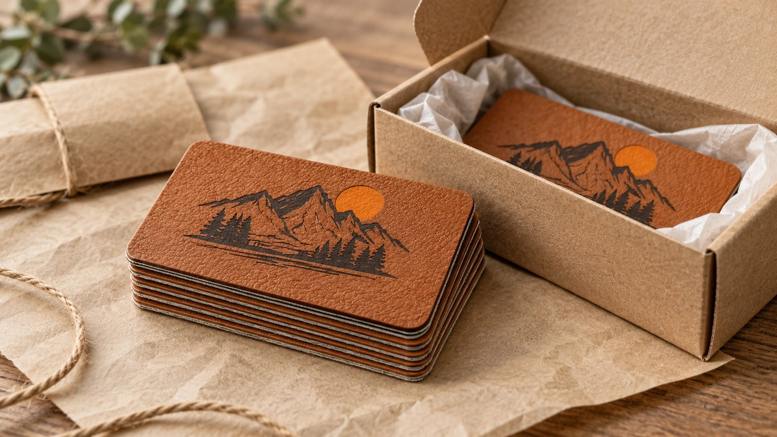 Label logo gunung kulit PU cokelat bertumpuk di samping kotak kraft terbuka