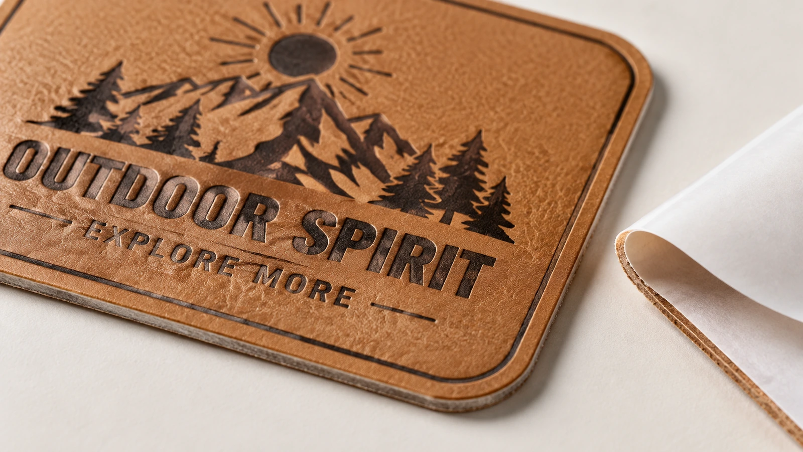 Close-up label kulit PU cokelat bertekstur dengan logo gunung Outdoor Spirit