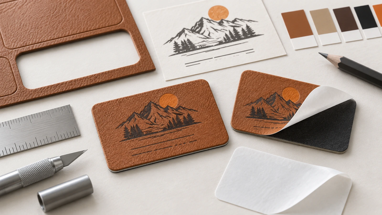 Label logo kulit PU cokelat dengan ilustrasi gunung, contoh warna, dan lapisan pelepas yang sudah dikelupas
