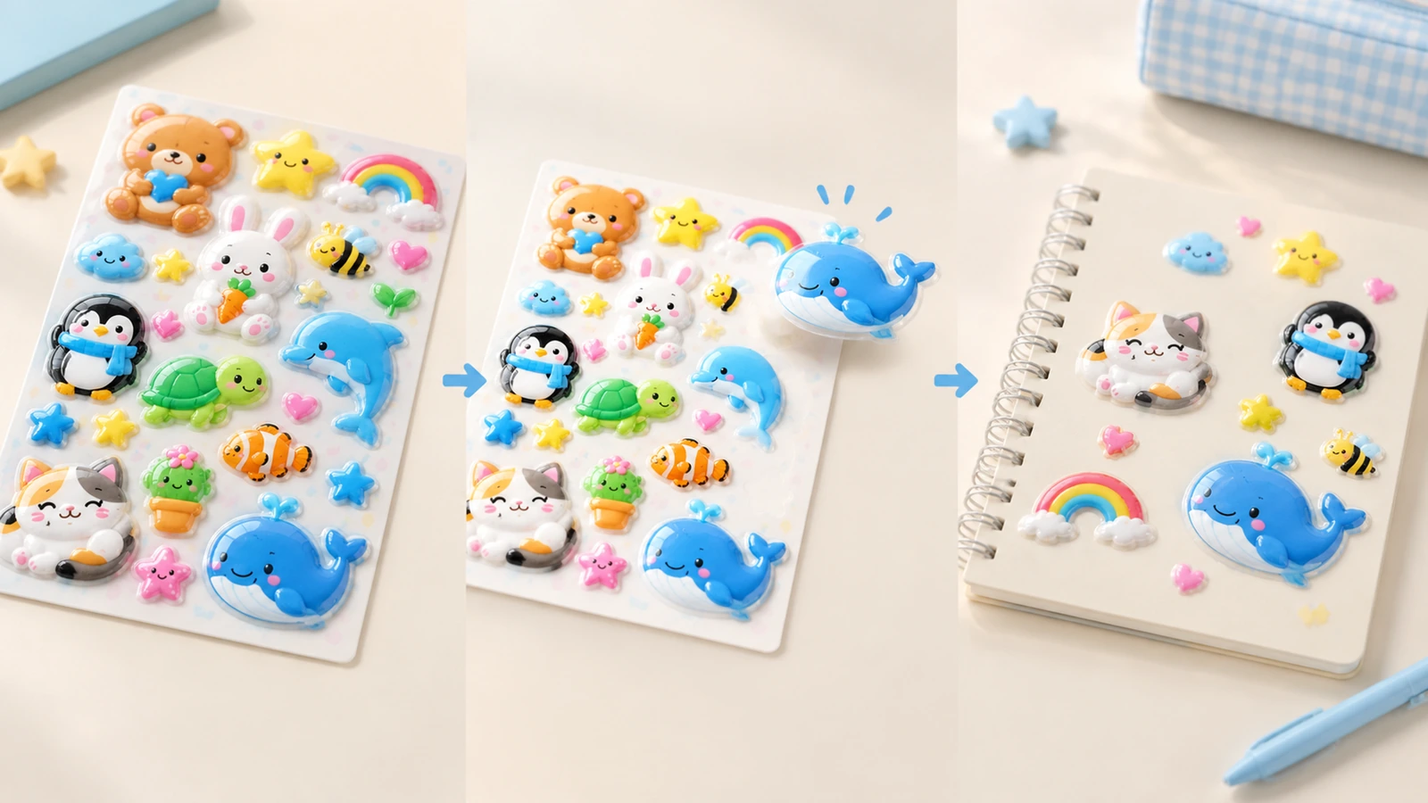 Ilustrasi 3-panel stiker puffy hewan yang berpindah dari lembar ke buku catatan spiral