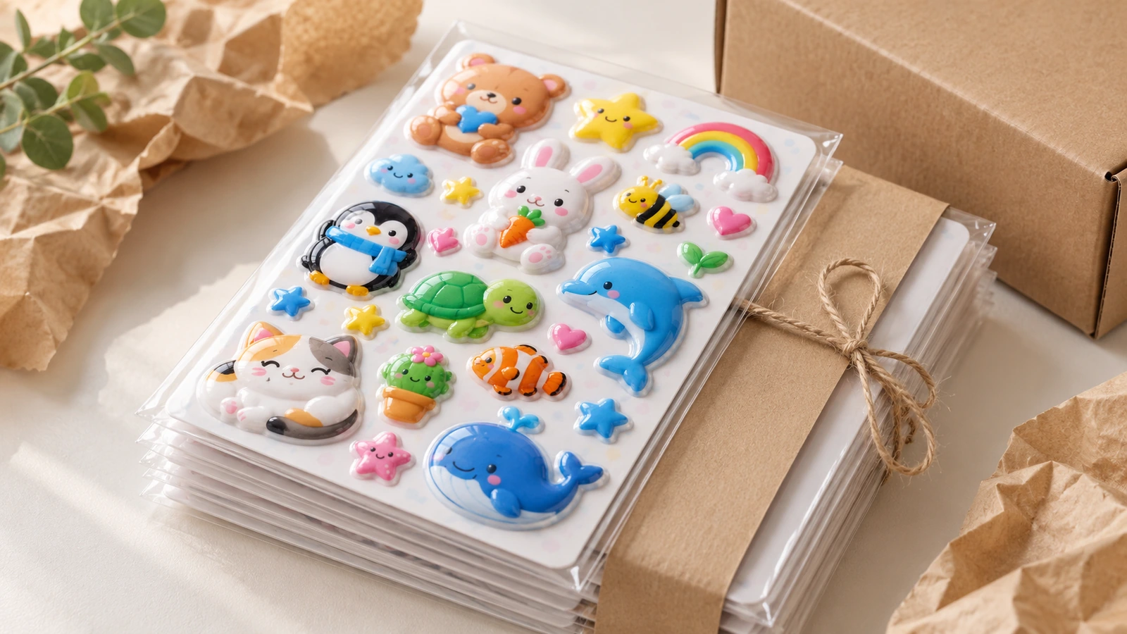 Tumpukan lembar stiker puffy dalam sampul bening di samping paket berbungkus kraft dan kotak karton