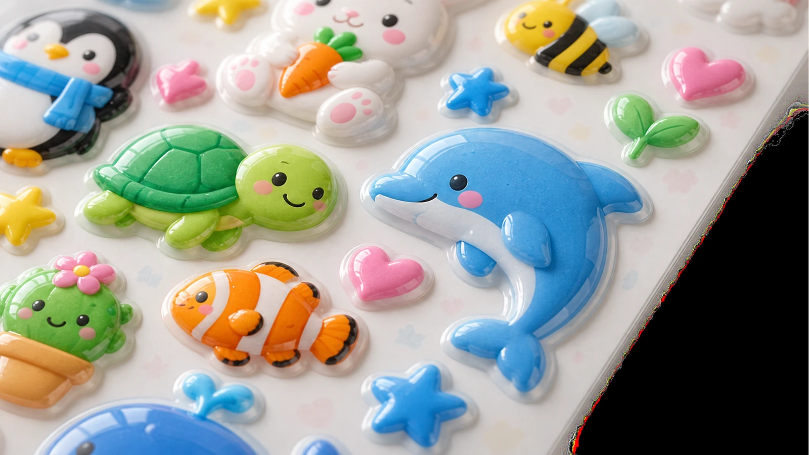 Close-up stiker puffy lumba-lumba, kura-kura, kelinci, dan ikan yang mengilap pada lembar