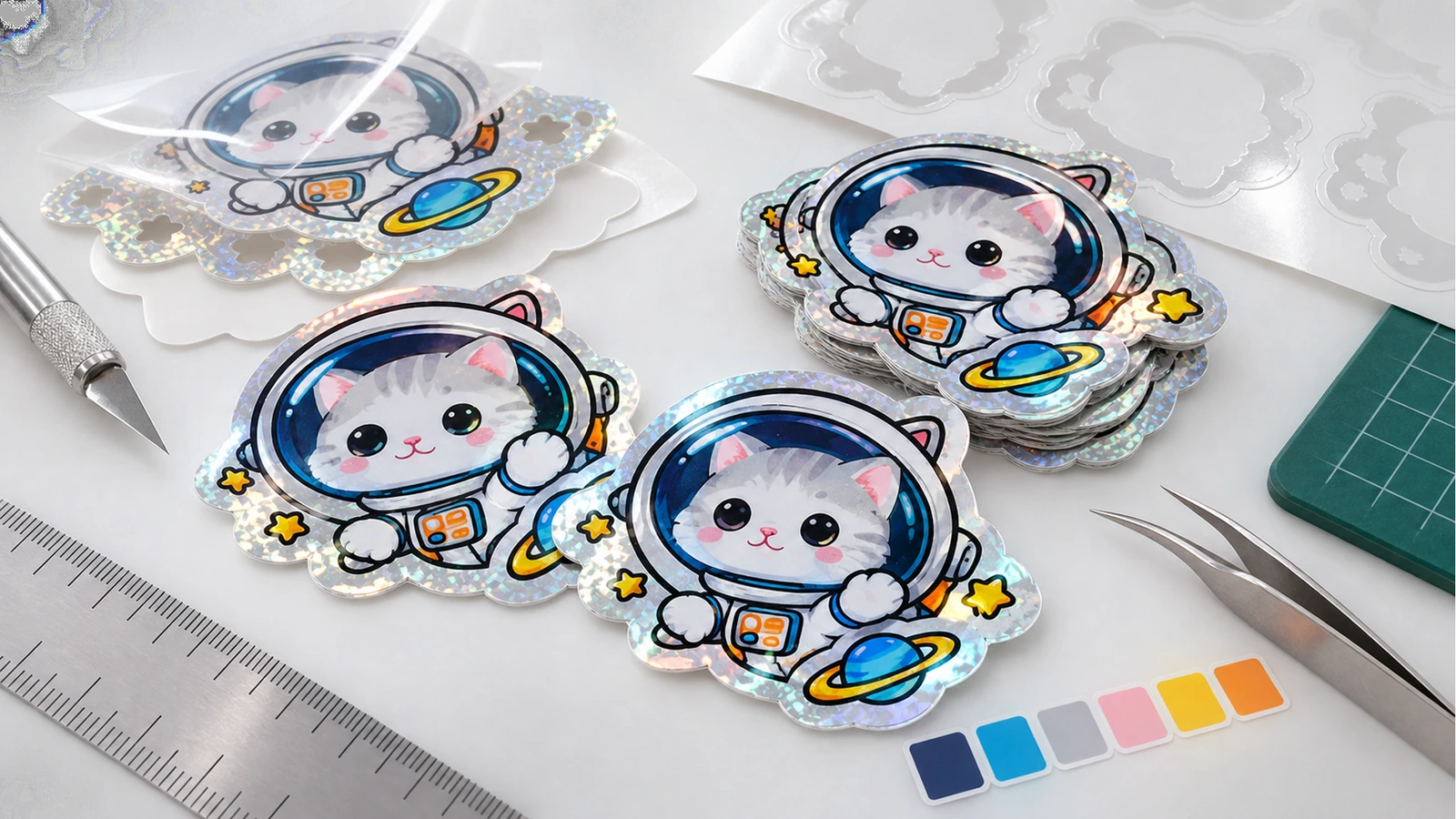 Stiker die-cut kucing astronot dengan tepi bermotif mengilap, disusun di samping penggaris, alat potong, dan contoh warna