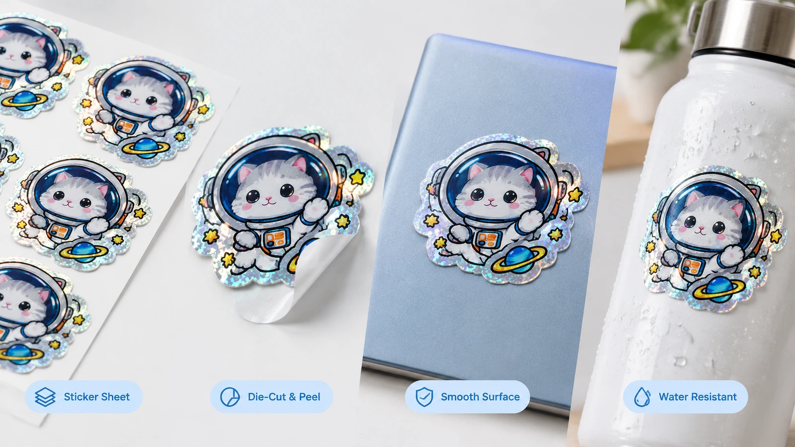 Kolase 4 panel yang menampilkan lembar stiker kucing astronot, stiker yang terkelupas, stiker pada buku catatan, dan stiker pada botol