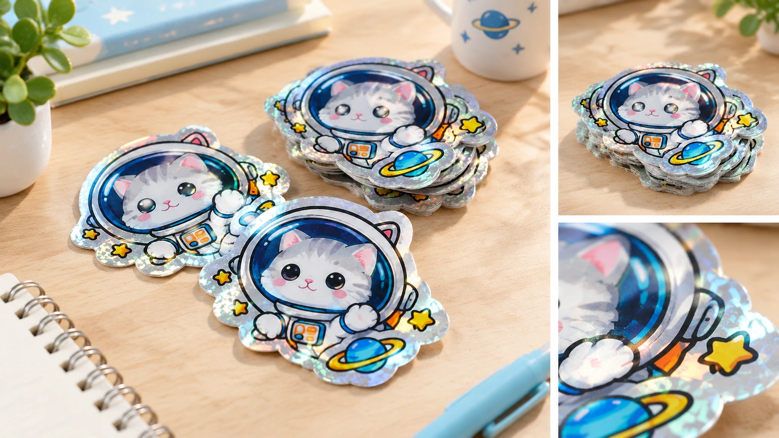 Kolase stiker kucing astronot lepas dan bertumpuk di atas meja, termasuk close-up tepi bermotif mengilap