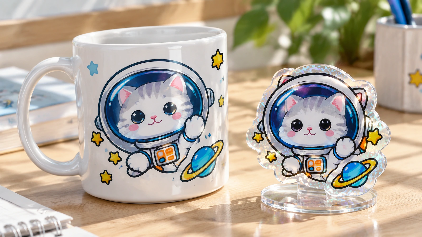 Desain kucing astronot pada cangkir putih di samping potongan serupa yang dipajang di dudukan bening