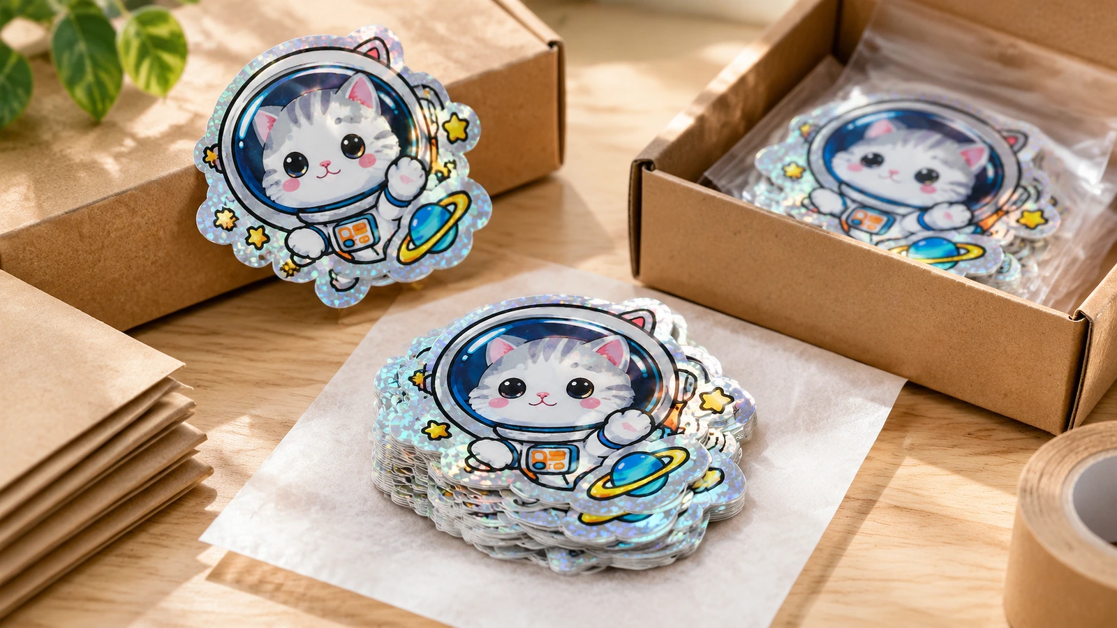 Stiker kucing astronot disusun di samping kemasan kraft, dengan tumpukan stiker di atas kertas tisu dan stiker terbungkus dalam kotak terbuka