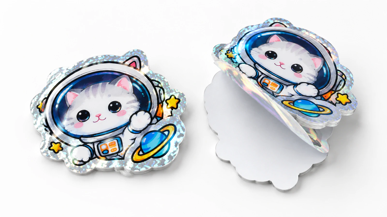 Dua stiker die-cut kucing astronot, salah satunya terkelupas sebagian untuk memperlihatkan liner putihnya