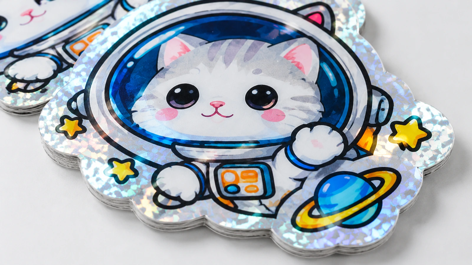Close-up tumpukan stiker kucing astronot dengan tepi bermotif mengilap, bintang, dan planet biru bercincin