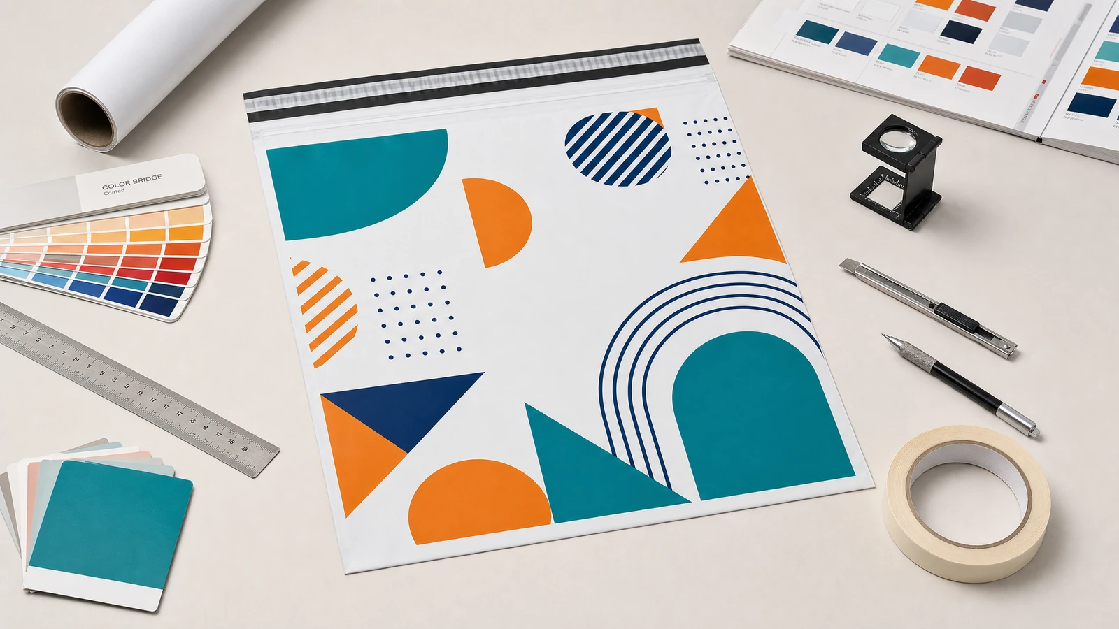 Ilustrasi mailer bermotif geometris di samping contoh warna, penggaris, dan alat desain