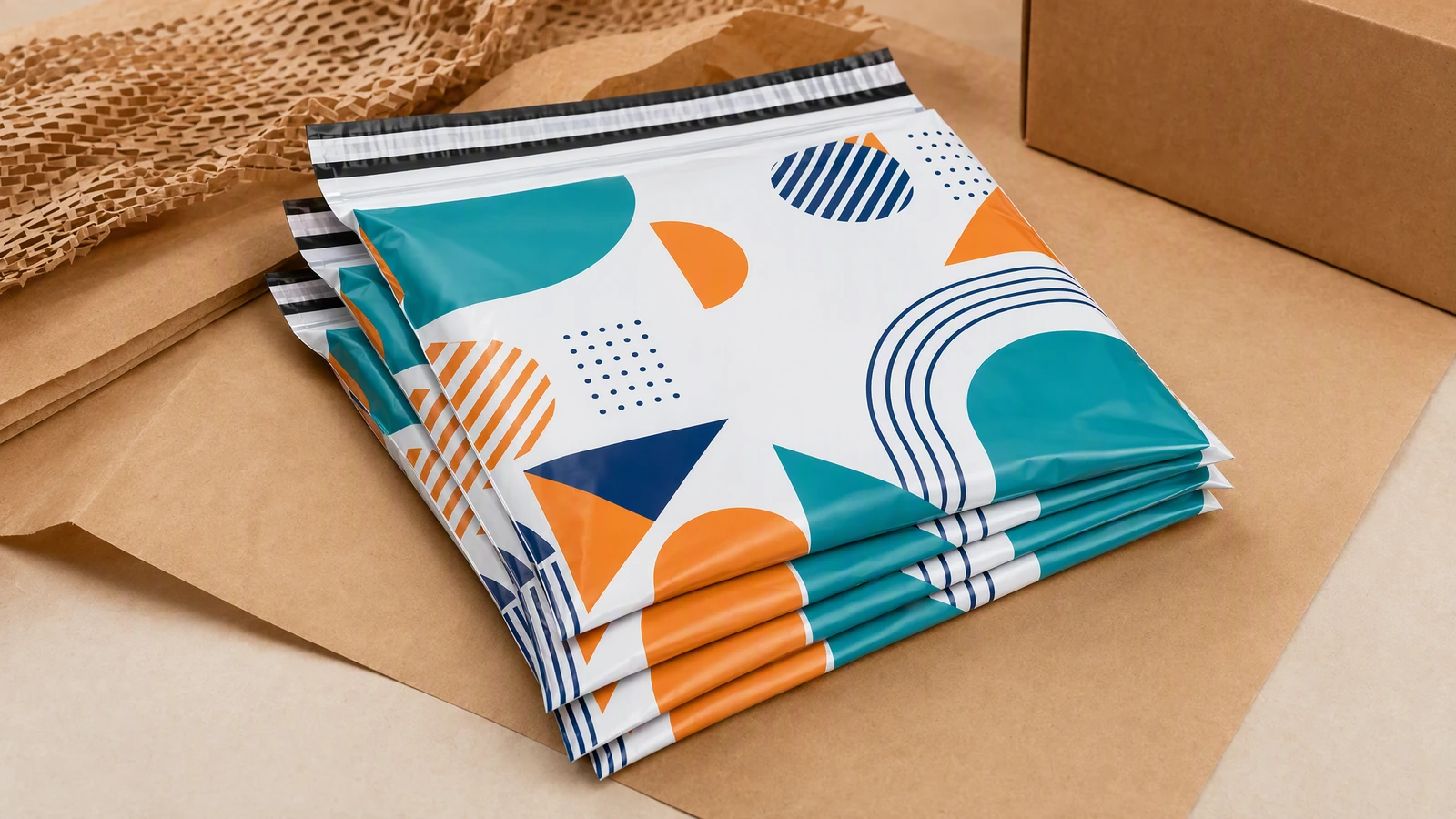 Ilustrasi mailer bermotif geometris yang ditumpuk di atas kertas kraft