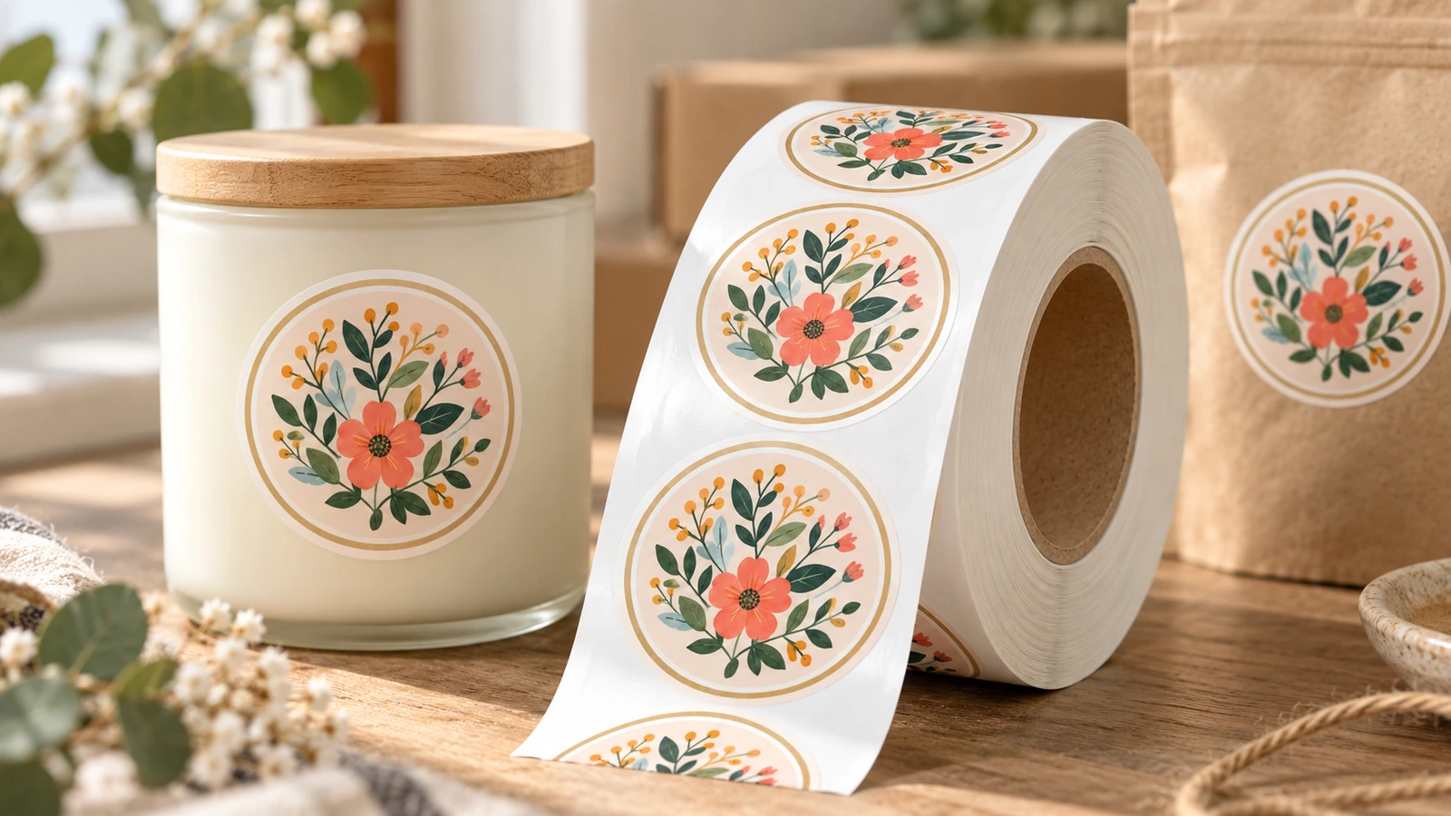Gulungan label bermotif bunga di samping jar lilin dan kantong kraft yang membawa label bulat yang serasi