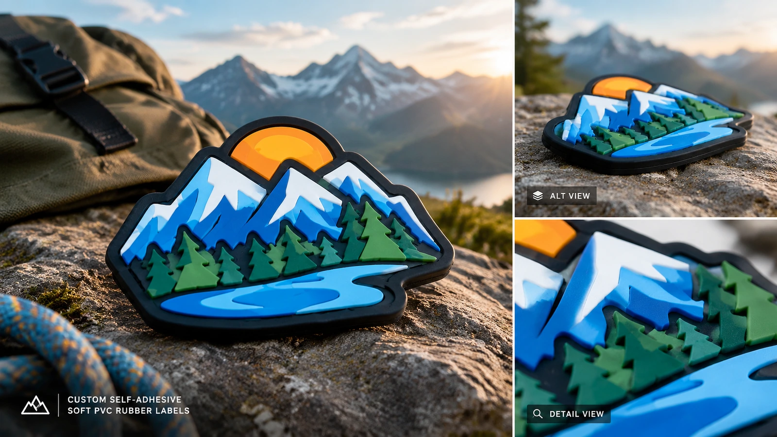Tampilan label outdoor dan detailnya Label bermotif gunung ditampilkan di atas batu di samping ransel, dengan inset tampilan alternatif dan detail