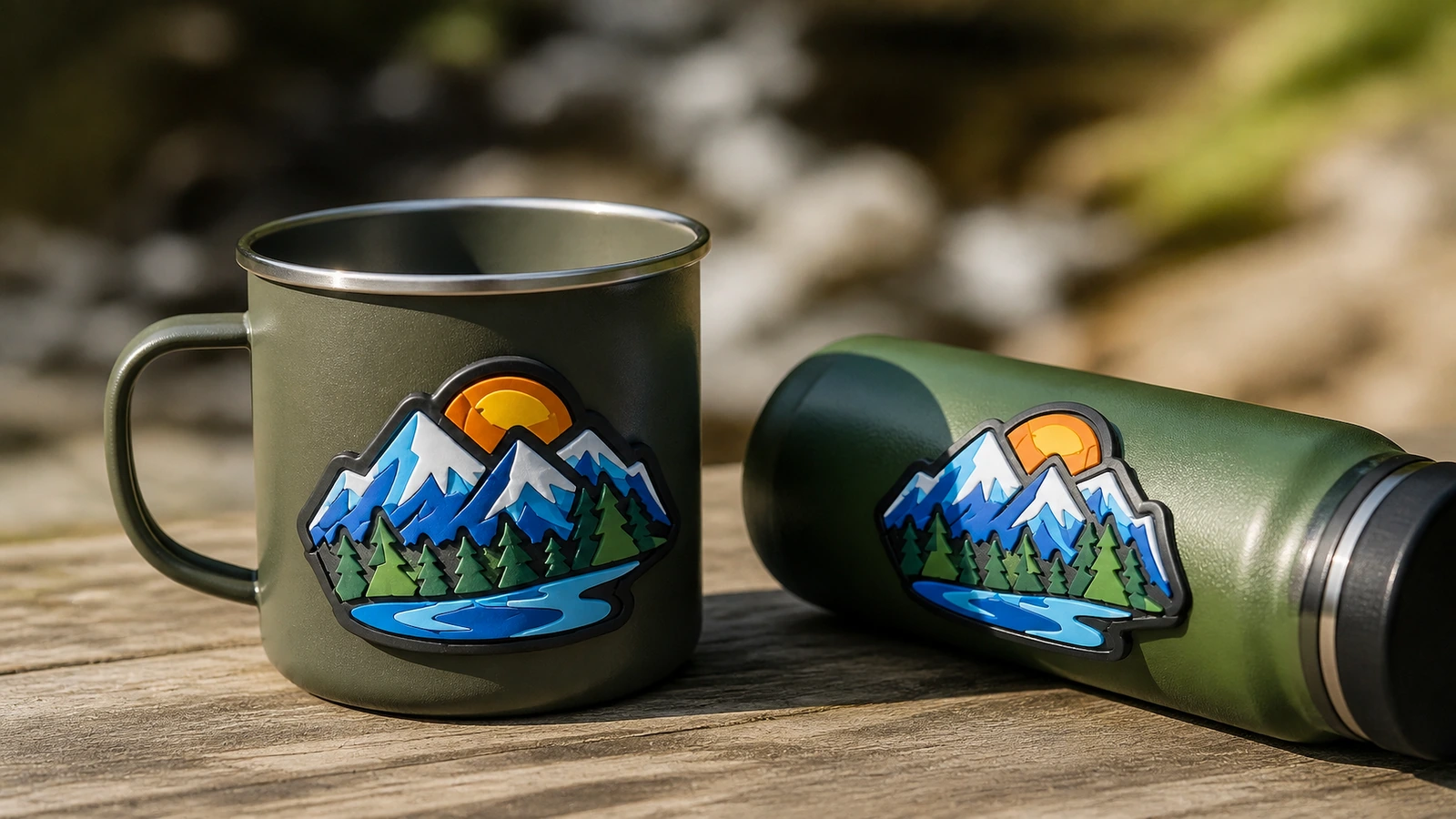 Penerapan label pada mug dan botol Label bermotif gunung ditampilkan pada mug dan botol camping di samping aliran sungai