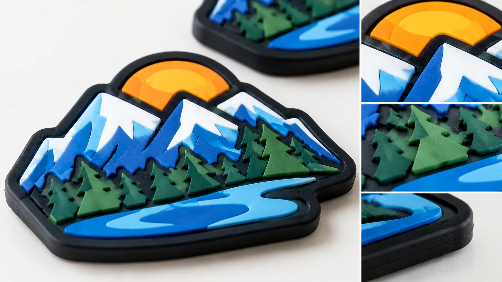 Detail label timbul bermotif gunung Close-up label PVC lunak bermotif gunung dengan inset detail matahari, gunung, pohon, dan sungai