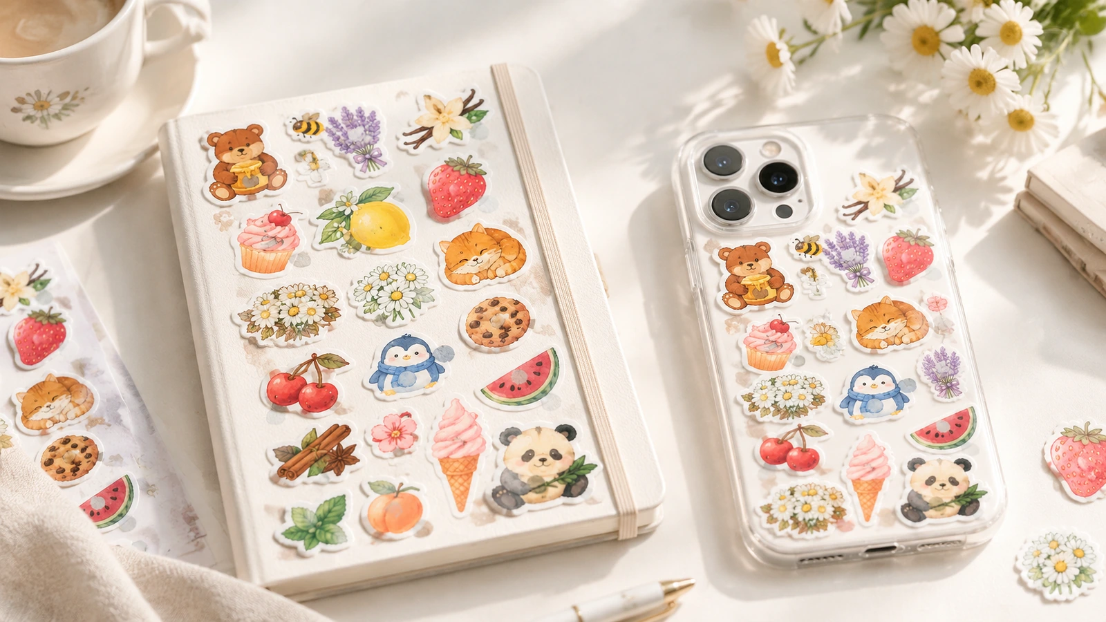 Desain stiker buah, bunga, dan hewan yang cocok ditampilkan pada buku catatan dan casing ponsel transparan