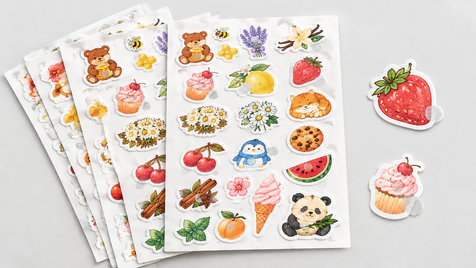 Tampak atas tumpukan lembar stiker bergambar dengan stiker stroberi dan cupcake terpisah