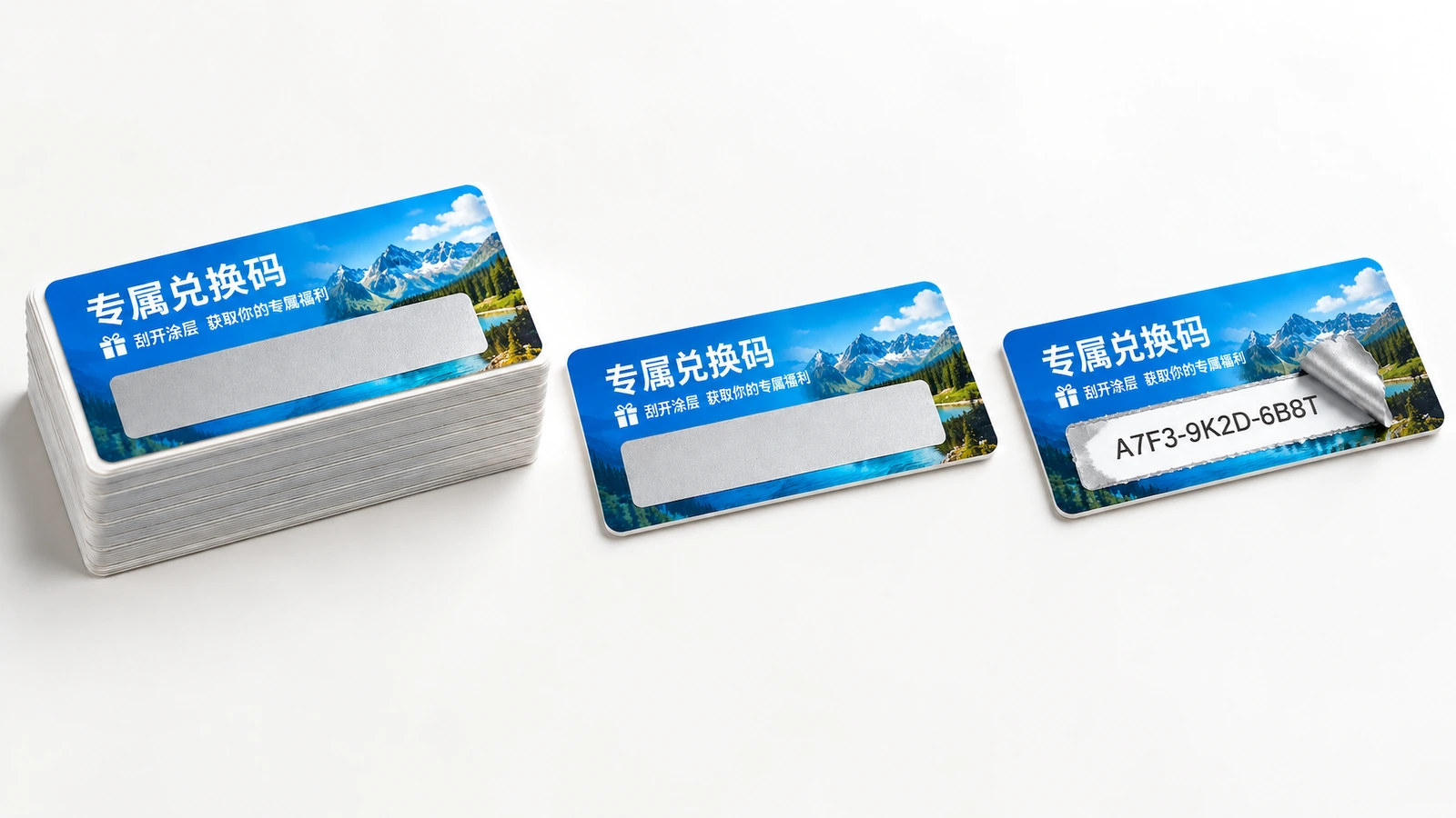 Label kode biru yang ditumpuk dan lepas, dengan panel tertutup dan satu kode yang terlihat