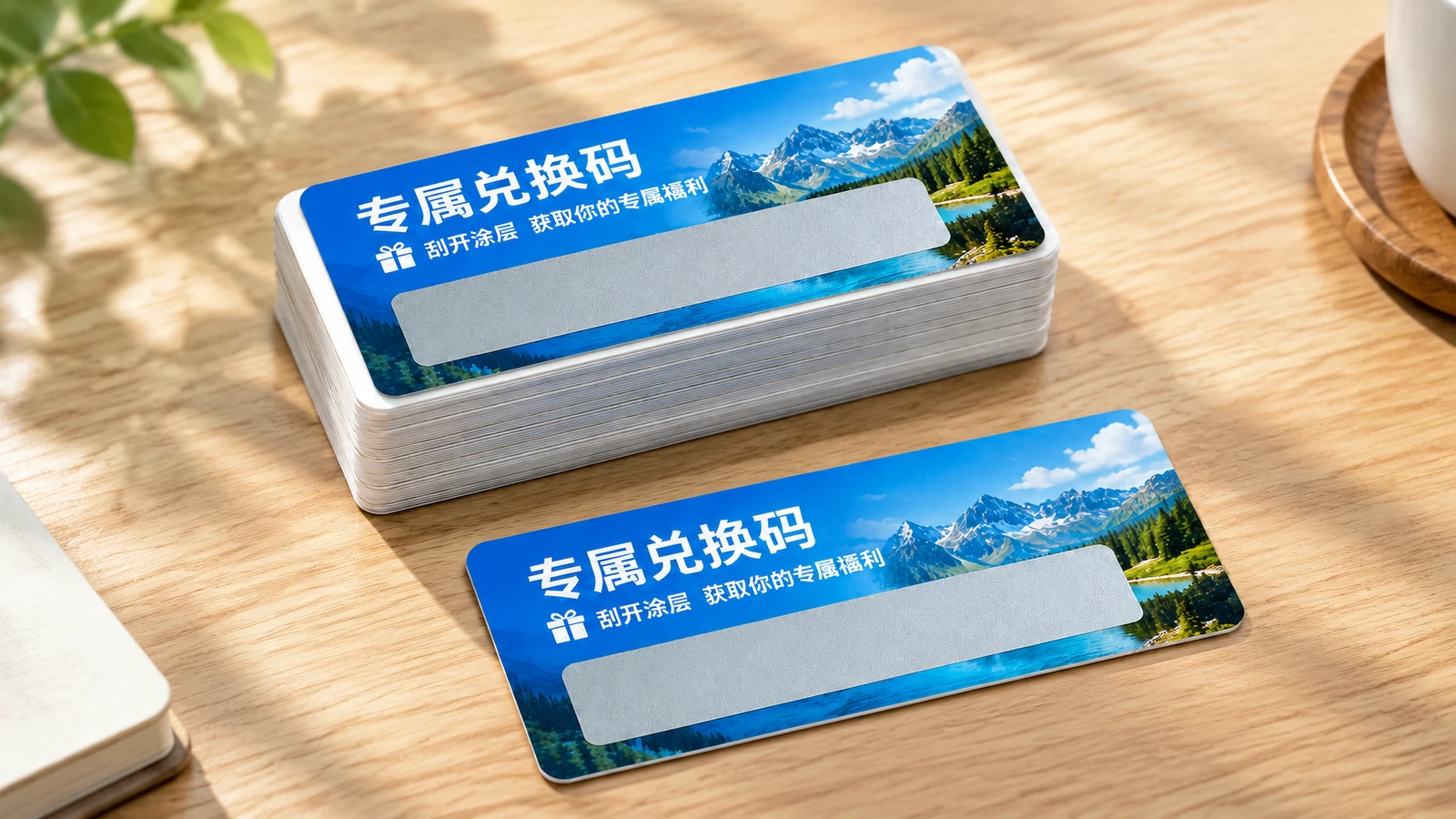 Tumpukan label kode gosok biru dan satu label lepas di atas meja kayu