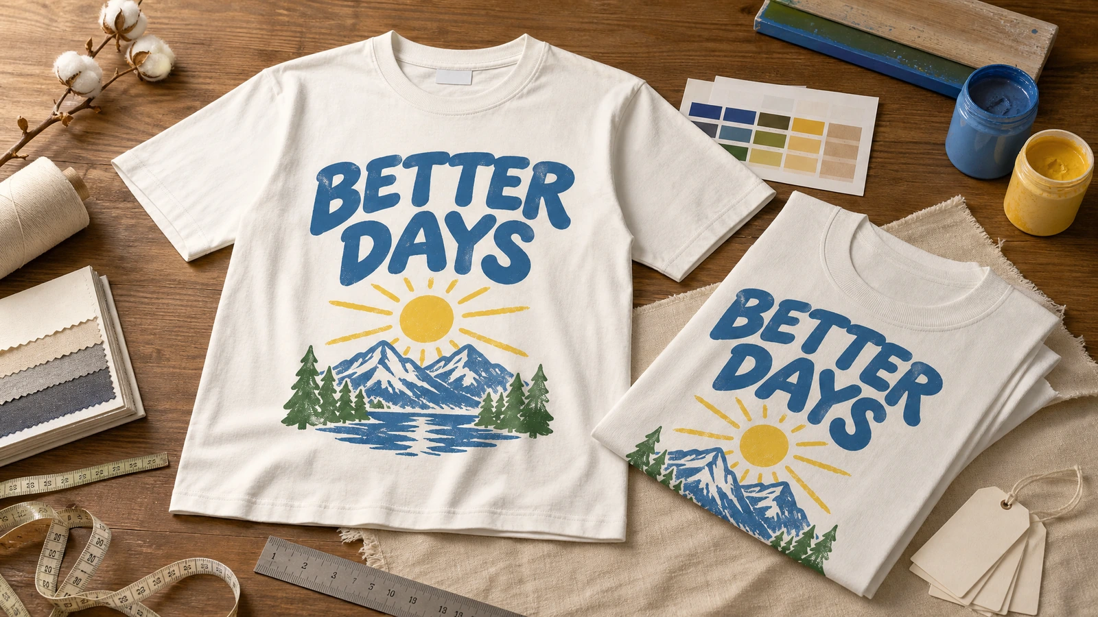 Kaos krem tercetak dan terlipat di samping wadah tinta, contoh warna, dan sampel kain
