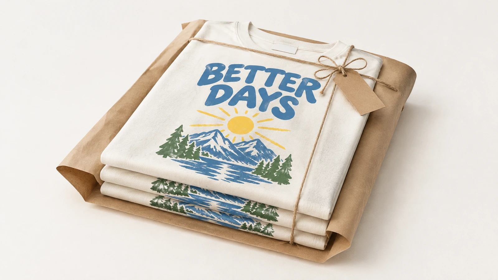 Kaos tercetak yang dilipat, dibungkus kertas kraft, dan diikat tali