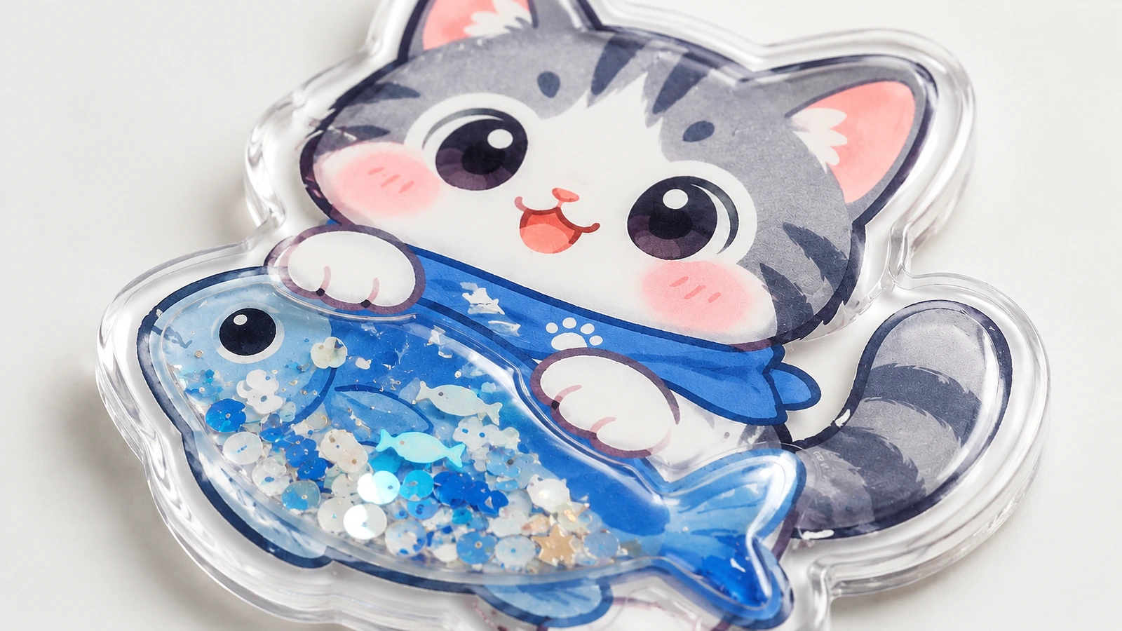 Close-up stiker shaker kucing dan ikan yang menampilkan karya seni cetak, tepi timbul bening, dan sekuin biru