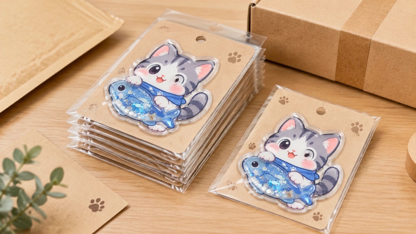 Stiker shaker kucing dan ikan dikemas satu per satu dengan kartu pendukung kraft dalam sampul bening di samping kotak kardus
