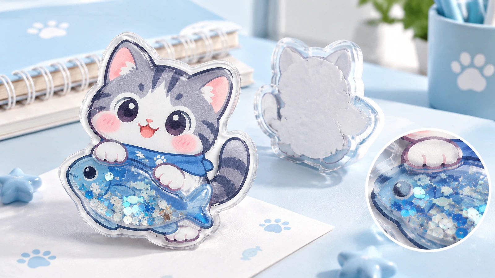 Tampak depan dan belakang stiker shaker kucing dan ikan dengan close-up melingkar pada sekuin biru di atas meja biru pucat
