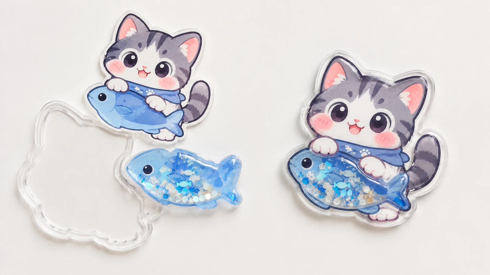 Potongan cetak kucing dan ikan, cangkang blister bening, bagian ikan berisi biru, dan stiker shaker yang sudah dirakit ditata di atas permukaan putih