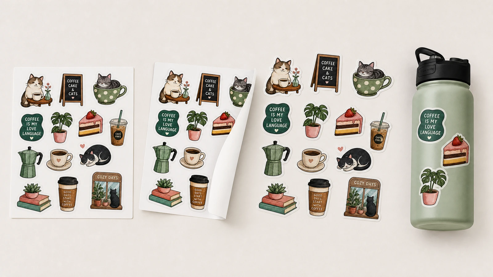 Lembar stiker dan hiasan botol yang senada Lembar stiker kucing dan kopi serta desain lepas di samping botol yang dihias dengan stiker senada