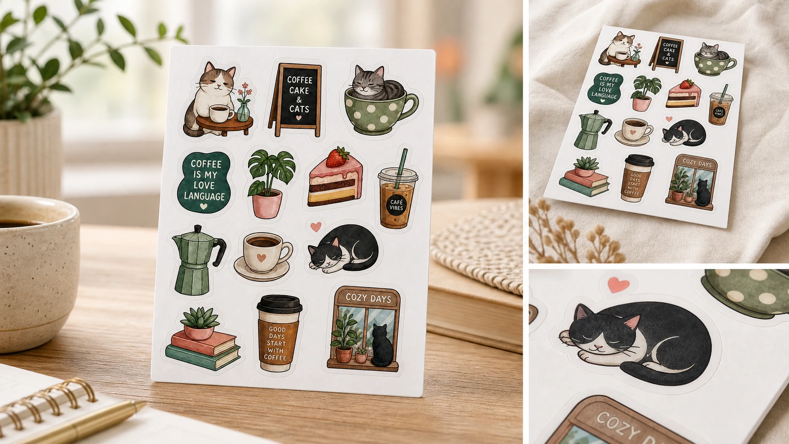 Kolase lembar stiker kucing dan kopi Kolase yang menampilkan lembar stiker kucing dan kopi di atas meja, di atas kain, dan dalam tampilan dekat