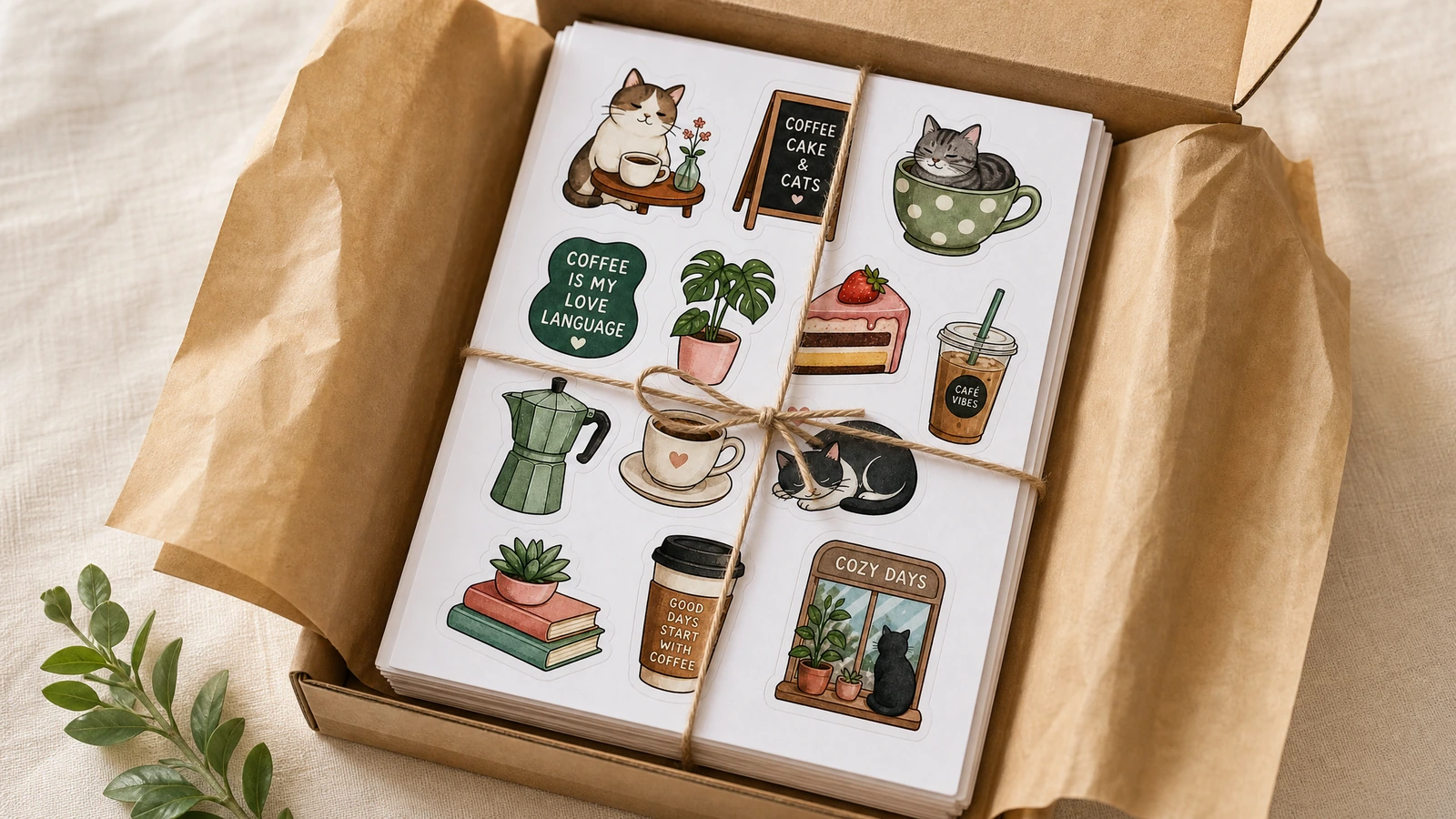 Lembar stiker dikemas dalam kotak kraft Tumpukan lembar stiker kucing dan kopi yang diikat tali dalam kotak kraft berlapis kertas tisu