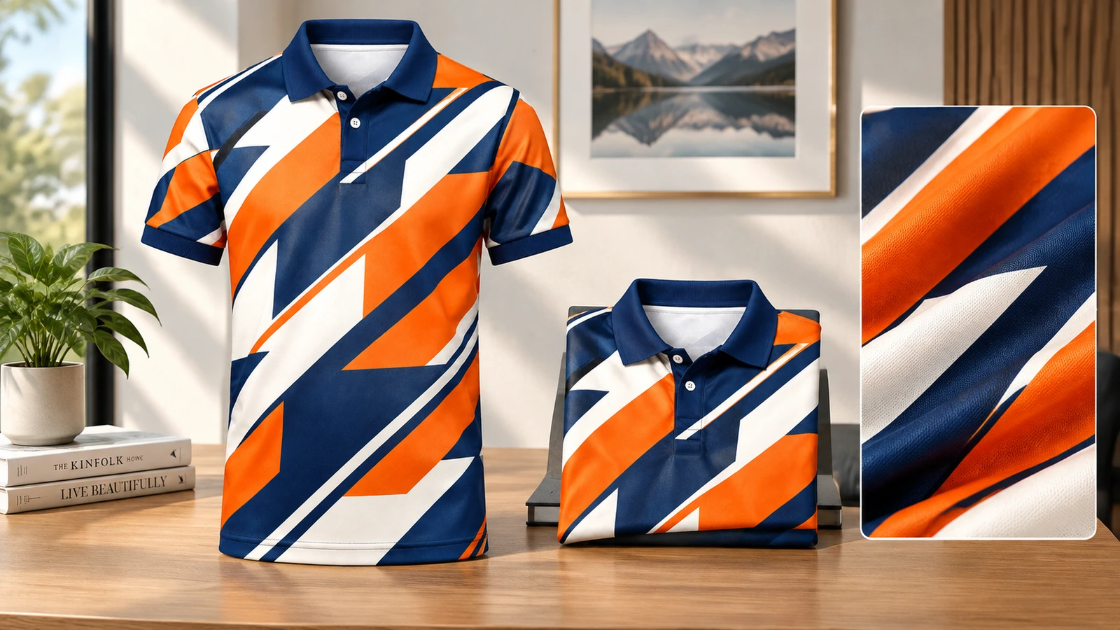 Polo bermotif ditampilkan berdiri dan terlipat di atas meja dengan inset close-up kain
